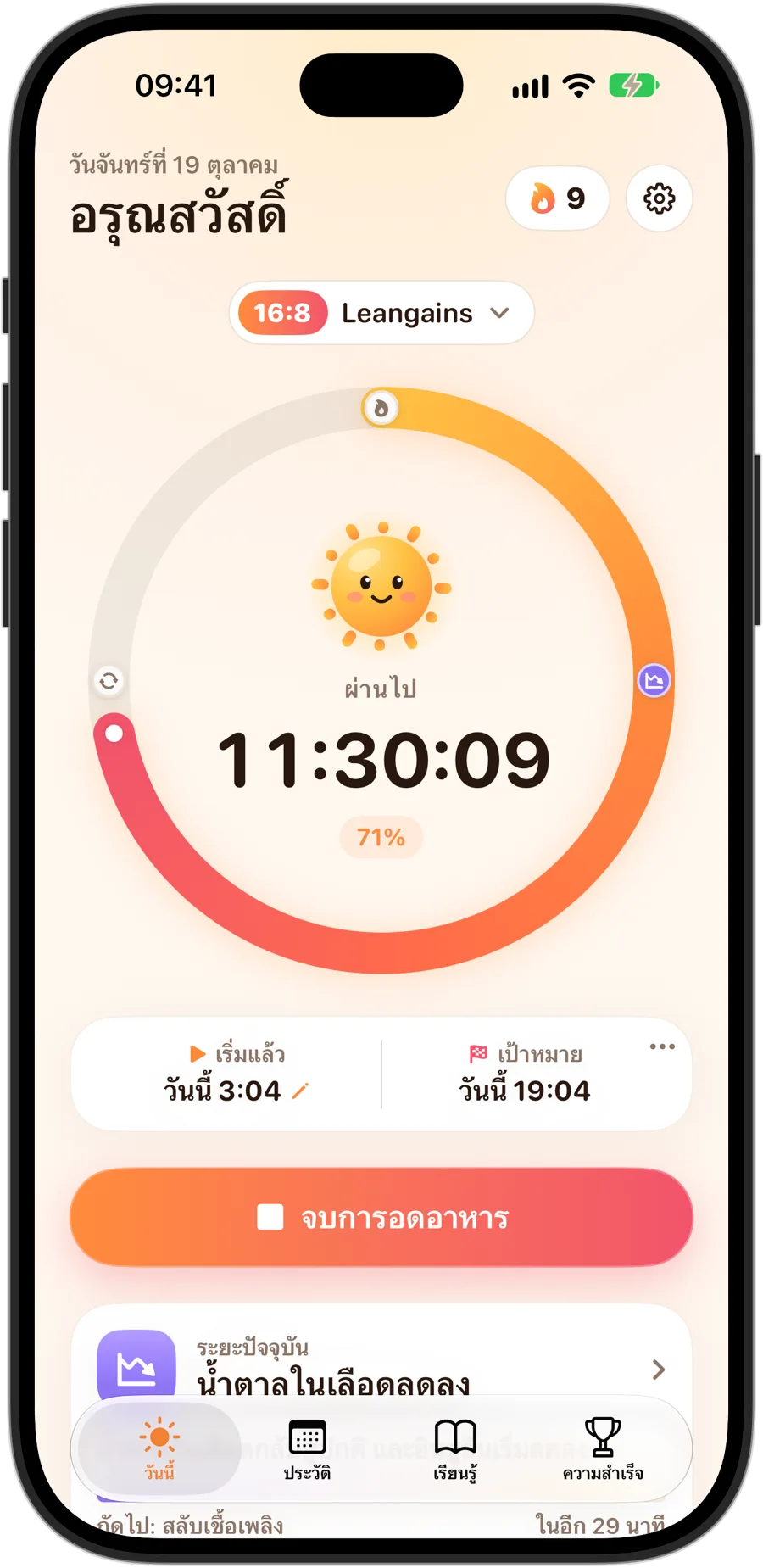 Fasting Tracker บน iPhone 18 Pro ระหว่างการอดอาหารแบบ 16:8: Sunny อยู่กลางวงแหวน เวลาที่ผ่านไปและเปอร์เซ็นต์ของเป้าหมาย สถิติต่อเนื่อง 9 วัน และช่วงปัจจุบัน น้ำตาลในเลือดลดลง