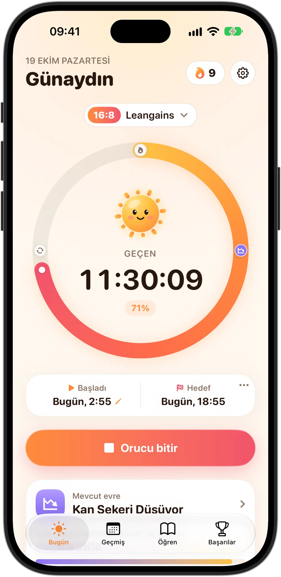 16:8 orucu sırasında iPhone 18 Pro'da Fasting Tracker: halkanın ortasında Sunny, geçen süre ve hedefin yüzdesi, 9 günlük seri ve mevcut evre, Kan Şekeri Düşüyor