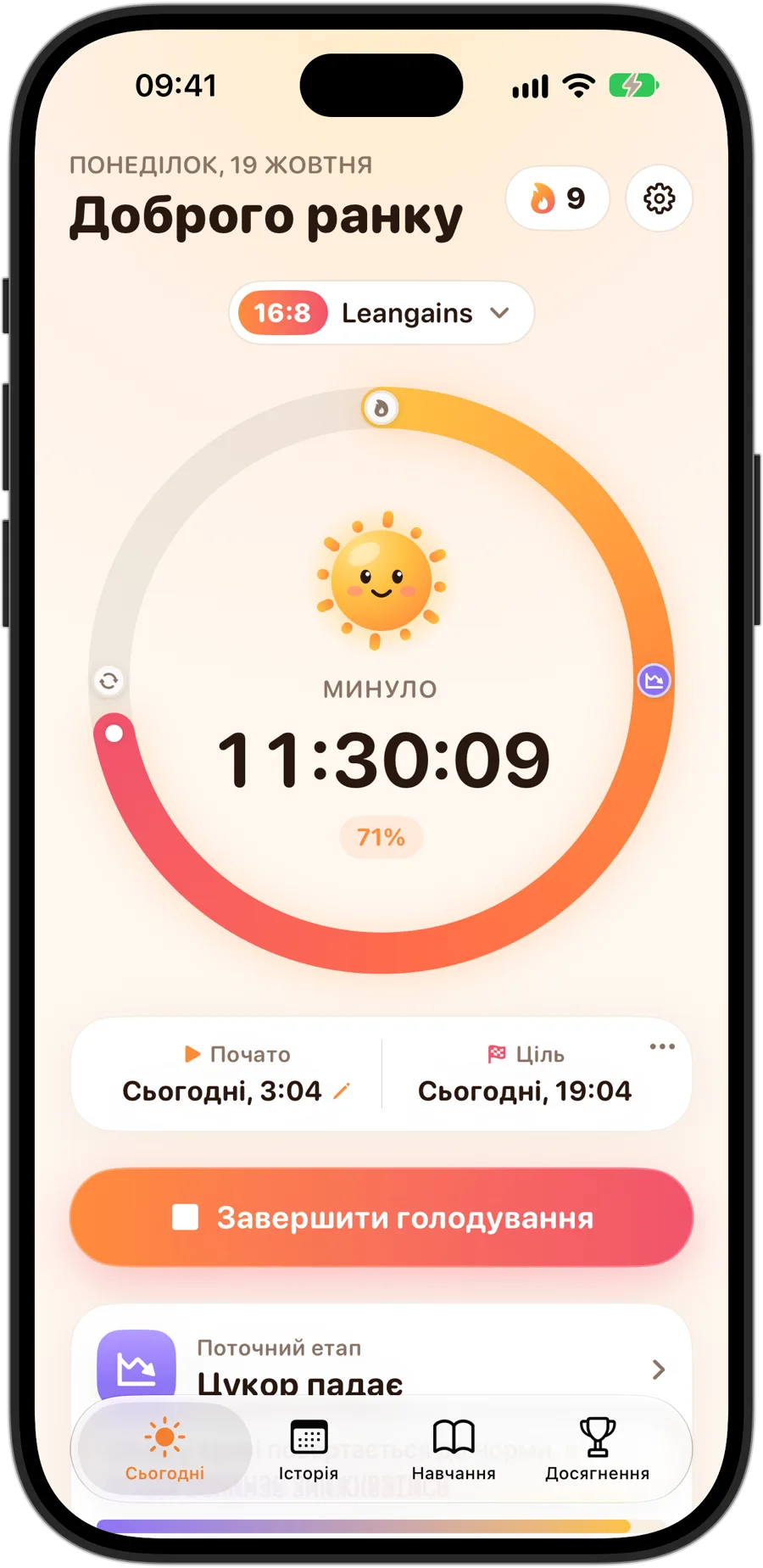 Fasting Tracker на iPhone 18 Pro під час голодування 16:8: Sunny в центрі кільця, час, що минув, і відсоток цілі, серія з 9 днів і поточний етап, «Цукор падає»