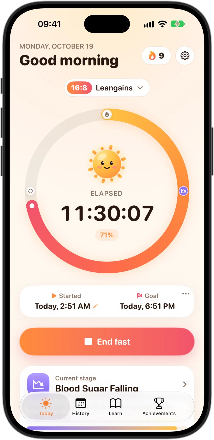 Fasting Tracker on iPhone 18 Pro during a 16:8 fast: Sunny in the middle of the ring, 11 hours 30 minutes elapsed, 71 percent of the goal, a 9-day streak and the current stage, Blood Sugar Falling