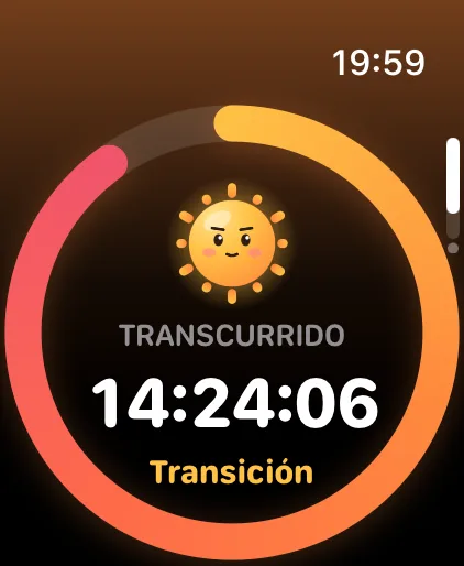 Fasting Tracker en el Apple Watch: Sunny en el centro del anillo, 14 horas y 24 minutos transcurridos, en la etapa de Cambio de combustible