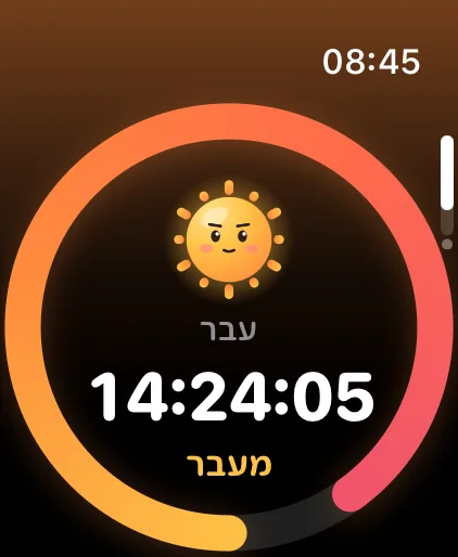 Fasting Tracker ב־Apple Watch: Sunny באמצע הטבעת, 14 שעות ו־24 דקות שעברו, בשלב החלפת הדלק