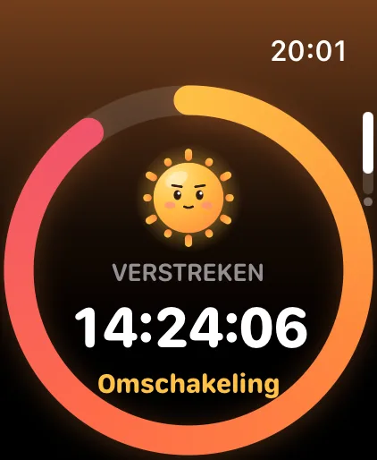 Fasting Tracker op de Apple Watch: Sunny midden in de ring, 14 uur en 24 minuten verstreken, in de fase Brandstofwissel