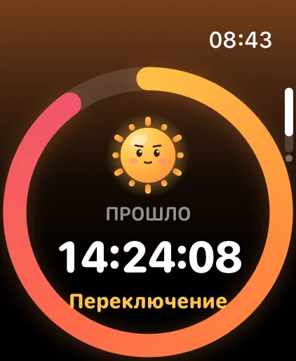Fasting Tracker на Apple Watch: Sunny в центре кольца, прошло 14 часов 24 минуты, этап смены топлива